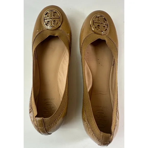 Tory Burch Caroline 2 Ballet Flats Tan Beige Patent Leather Ballerina Shoes 7 7M