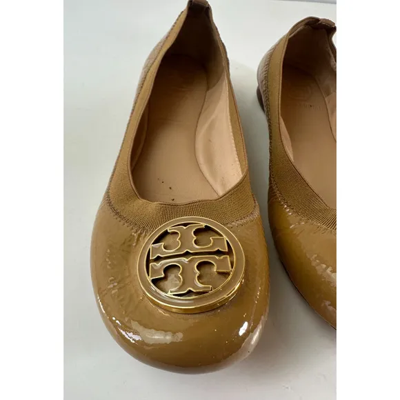Tory Burch Caroline 2 Ballet Flats Tan Beige Patent Leather Ballerina Shoes 7 7M