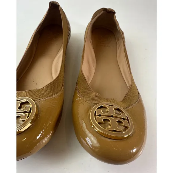 Tory Burch Caroline 2 Ballet Flats Tan Beige Patent Leather Ballerina Shoes 7 7M