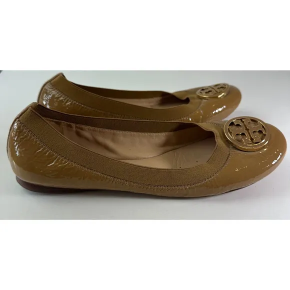 Tory Burch Caroline 2 Ballet Flats Tan Beige Patent Leather Ballerina Shoes 7 7M
