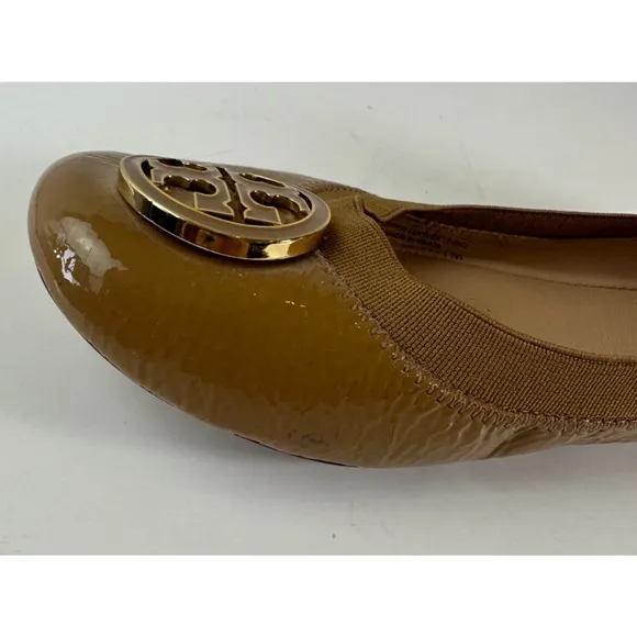 Tory Burch Caroline 2 Ballet Flats Tan Beige Patent Leather Ballerina Shoes 7 7M