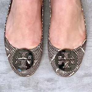 TORY BURCH Cobra Print and Pewter Logo Flats
