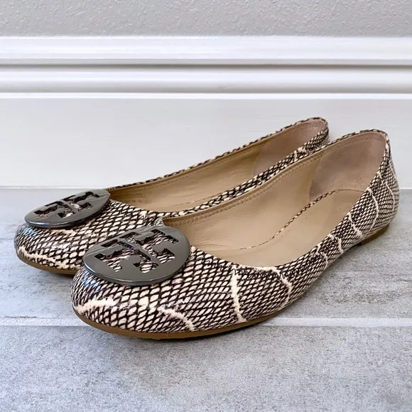 TORY BURCH Cobra Print and Pewter Logo Flats