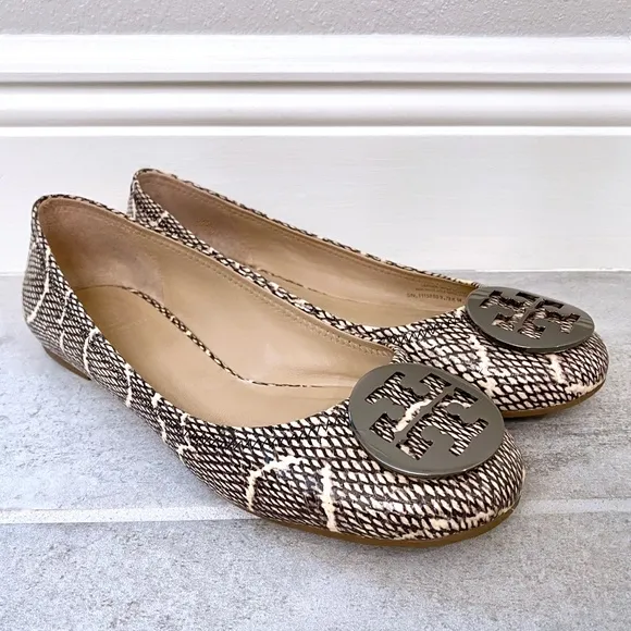 TORY BURCH Cobra Print and Pewter Logo Flats