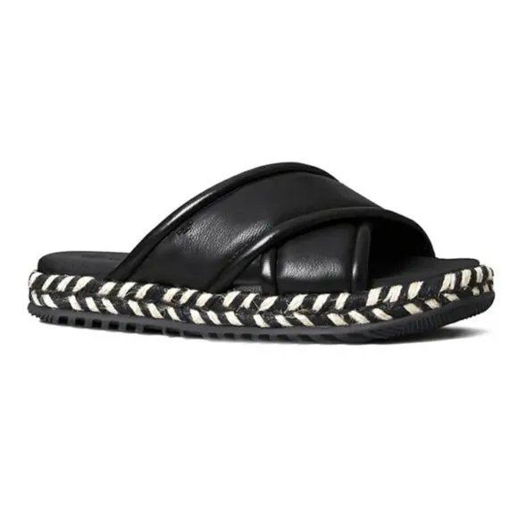 Tory Burch criss cross Leather Espadrille Slide Sandals  black leather size 8.5