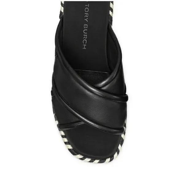 Tory Burch criss cross Leather Espadrille Slide Sandals  black leather size 8.5