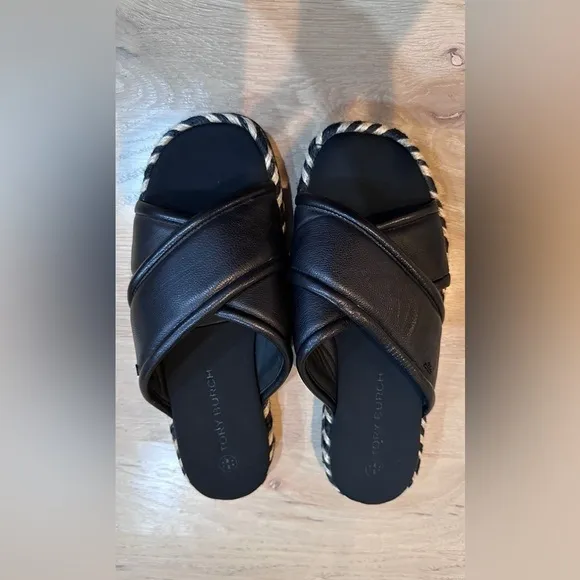 Tory Burch criss cross Leather Espadrille Slide Sandals  black leather size 8.5