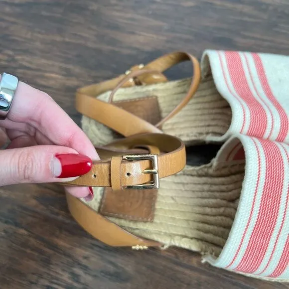Tory Burch Espadrille Awning Stripe Leather Strap Sandals
