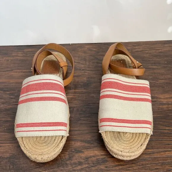 Tory Burch Espadrille Awning Stripe Leather Strap Sandals