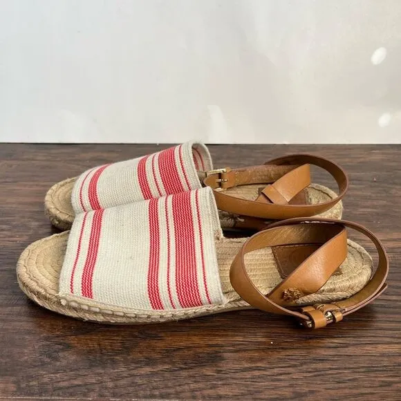 Tory Burch Espadrille Awning Stripe Leather Strap Sandals
