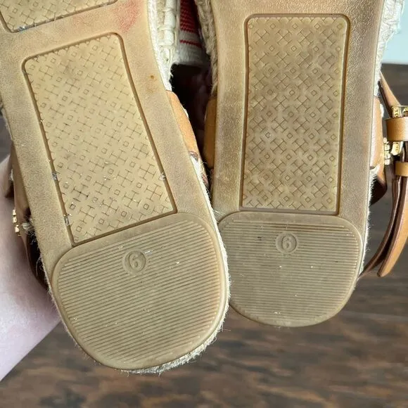 Tory Burch Espadrille Awning Stripe Leather Strap Sandals