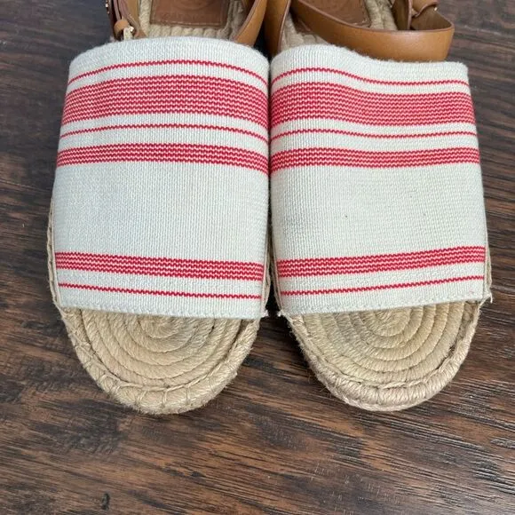 Tory Burch Espadrille Awning Stripe Leather Strap Sandals