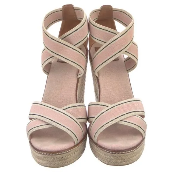 Tory Burch Frieda Blush Stripe Pink Tan Platform Espadrille Sandals Size US 11