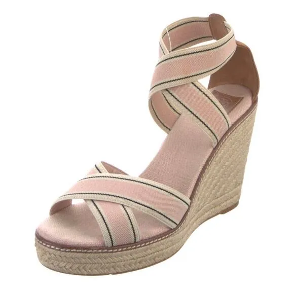 Tory Burch Frieda Blush Stripe Pink Tan Platform Espadrille Sandals Size US 11