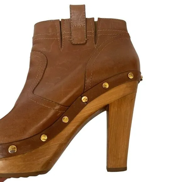 Tory Burch Ginevra Tan Brown Leather Studded Ankle Boots Platform 9.5 Wood Heels