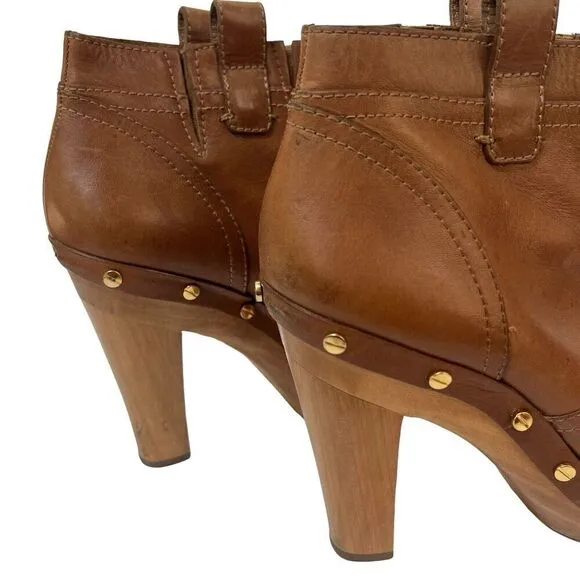 Tory Burch Ginevra Tan Brown Leather Studded Ankle Boots Platform 9.5 Wood Heels