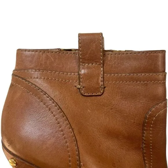 Tory Burch Ginevra Tan Brown Leather Studded Ankle Boots Platform 9.5 Wood Heels