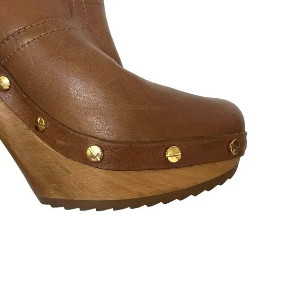 Tory Burch Ginevra Tan Brown Leather Studded Ankle Boots Platform 9.5 Wood Heels