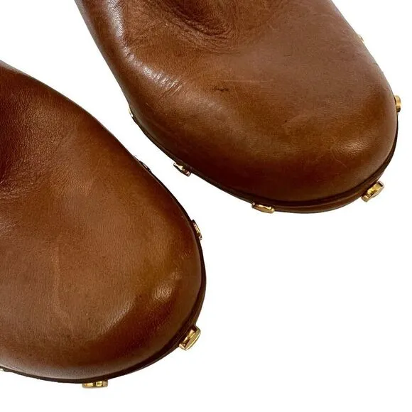 Tory Burch Ginevra Tan Brown Leather Studded Ankle Boots Platform 9.5 Wood Heels