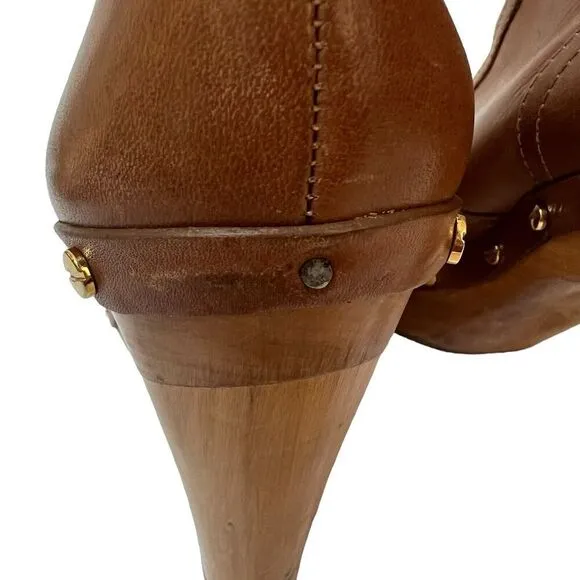 Tory Burch Ginevra Tan Brown Leather Studded Ankle Boots Platform 9.5 Wood Heels