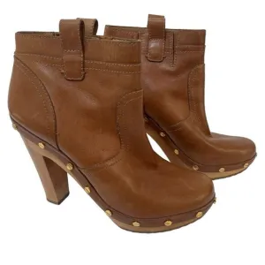 Tory Burch Ginevra Tan Brown Leather Studded Ankle Boots Platform 9.5 Wood Heels
