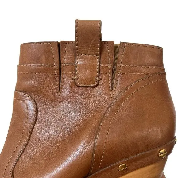 Tory Burch Ginevra Tan Brown Leather Studded Ankle Boots Platform 9.5 Wood Heels
