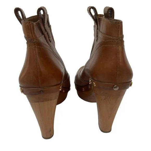 Tory Burch Ginevra Tan Brown Leather Studded Ankle Boots Platform 9.5 Wood Heels