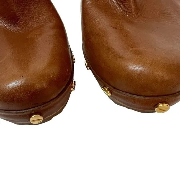 Tory Burch Ginevra Tan Brown Leather Studded Ankle Boots Platform 9.5 Wood Heels
