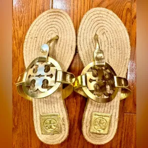 Tory Burch Gold Sandals with woven Espadrille bottom EUC Sz 8