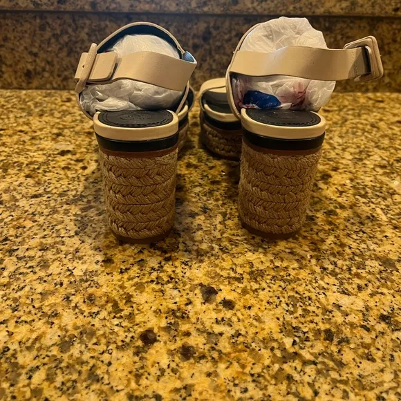 Tory Burch Ivory Cream Solana Platform Espadrille Sandals Size 8 Strappy Chunky