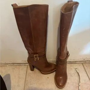 Tory Burch knee high double buckle boots leather dress shoes logo heels