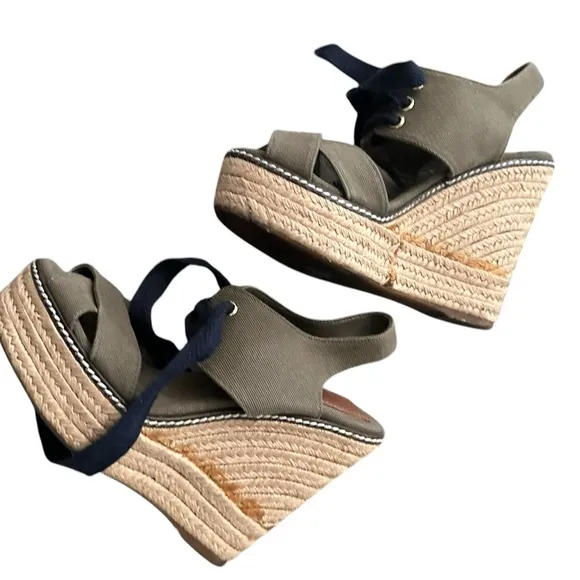 Tory Burch Lace Up Espadrille Wedge Sandals Olive Green Platform Women size 6 B