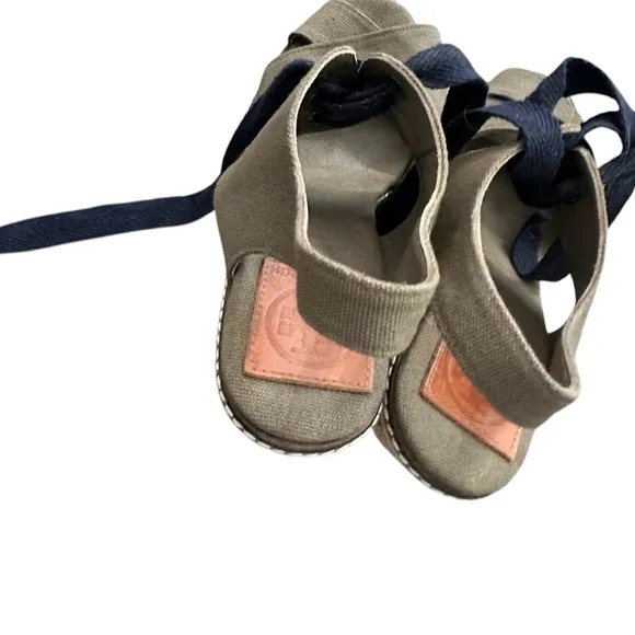 Tory Burch Lace Up Espadrille Wedge Sandals Olive Green Platform Women size 6 B