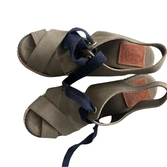 Tory Burch Lace Up Espadrille Wedge Sandals Olive Green Platform Women size 6 B