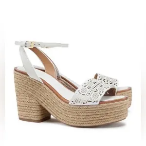 TORY BURCH Laser Cut Lace White Leather Roselle Espadrille Platform Sandals