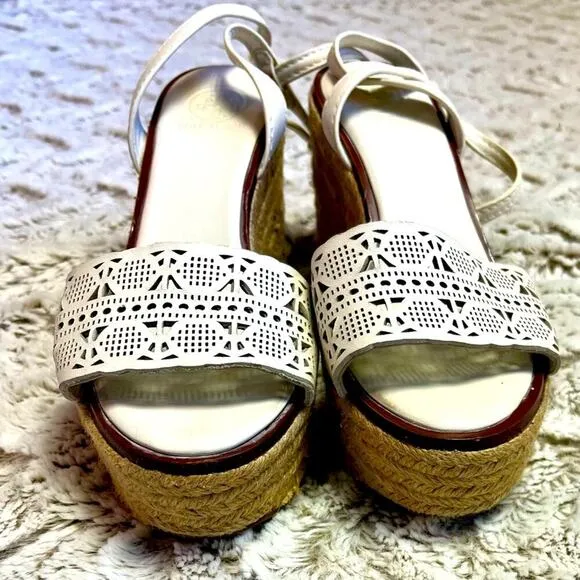 TORY BURCH Laser Cut Lace White Leather Roselle Espadrille Platform Sandals