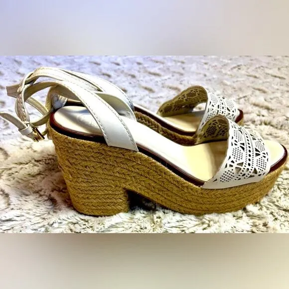 TORY BURCH Laser Cut Lace White Leather Roselle Espadrille Platform Sandals