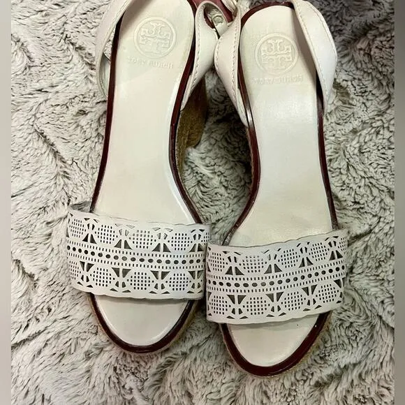 TORY BURCH Laser Cut Lace White Leather Roselle Espadrille Platform Sandals
