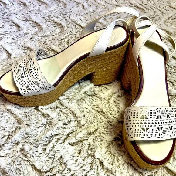 TORY BURCH Laser Cut Lace White Leather Roselle Espadrille Platform Sandals