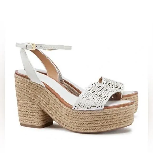 TORY BURCH Laser Cut Lace White Leather Roselle Espadrille Platform Sandals
