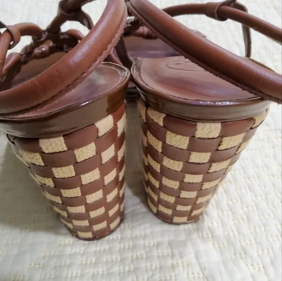 Tory Burch Layce Strappy Brown Leather Woven Block Heel Sandals Size 9,5