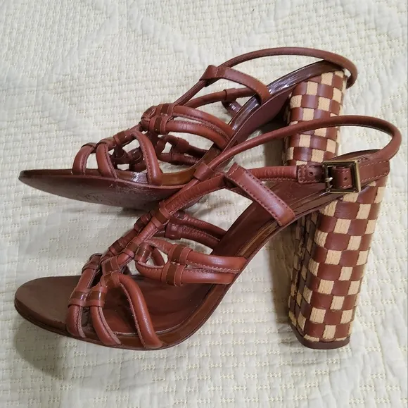Tory Burch Layce Strappy Brown Leather Woven Block Heel Sandals Size 9,5