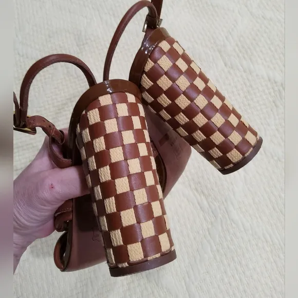 Tory Burch Layce Strappy Brown Leather Woven Block Heel Sandals Size 9,5