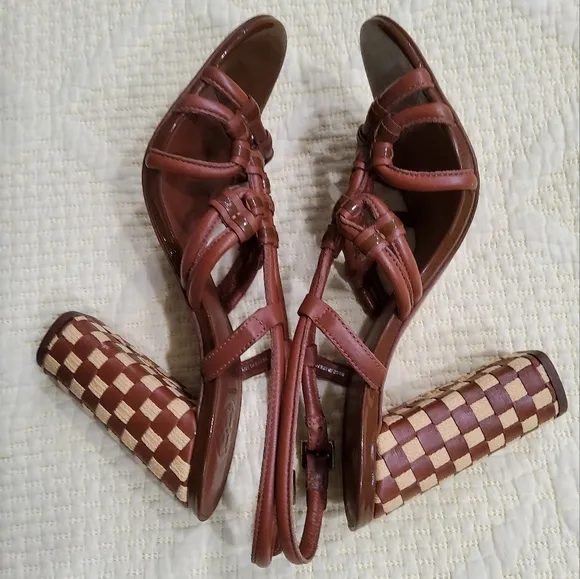Tory Burch Layce Strappy Brown Leather Woven Block Heel Sandals Size 9,5