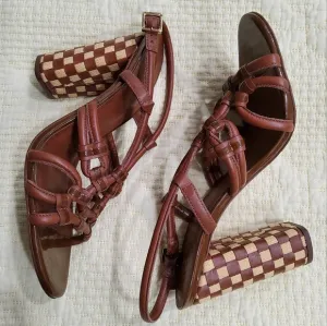 Tory Burch Layce Strappy Brown Leather Woven Block Heel Sandals Size 9,5