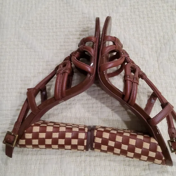 Tory Burch Layce Strappy Brown Leather Woven Block Heel Sandals Size 9,5