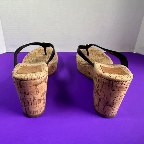 Tory Burch Leather Cork Wedge Platform Sandals Black Suzy Thora Womens 9.5M