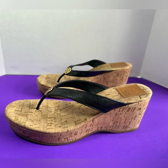 Tory Burch Leather Cork Wedge Platform Sandals Black Suzy Thora Womens 9.5M