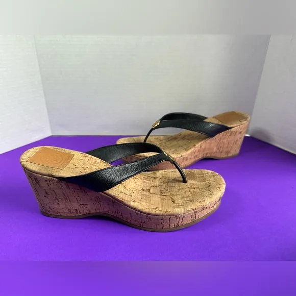 Tory Burch Leather Cork Wedge Platform Sandals Black Suzy Thora Womens 9.5M