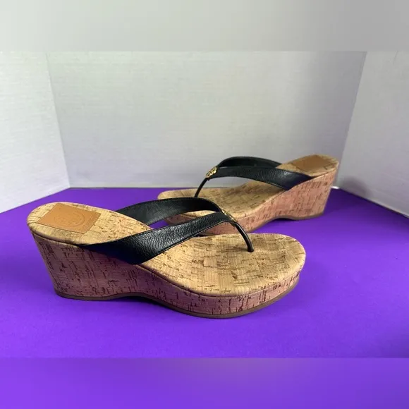 Tory Burch Leather Cork Wedge Platform Sandals Black Suzy Thora Womens 9.5M